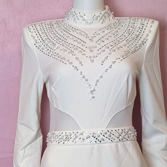 Banjul White Long Sleeve Mesh Insert Pearl Embellished Mini Dress Shoulder Large - Picture 2 of 10